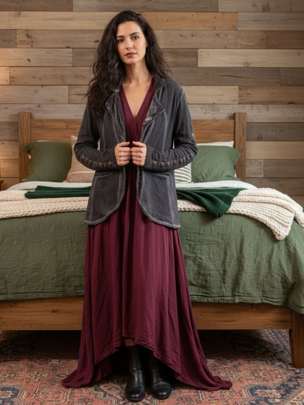 Aratta Velvet Charcoal Button-Trim Jacket